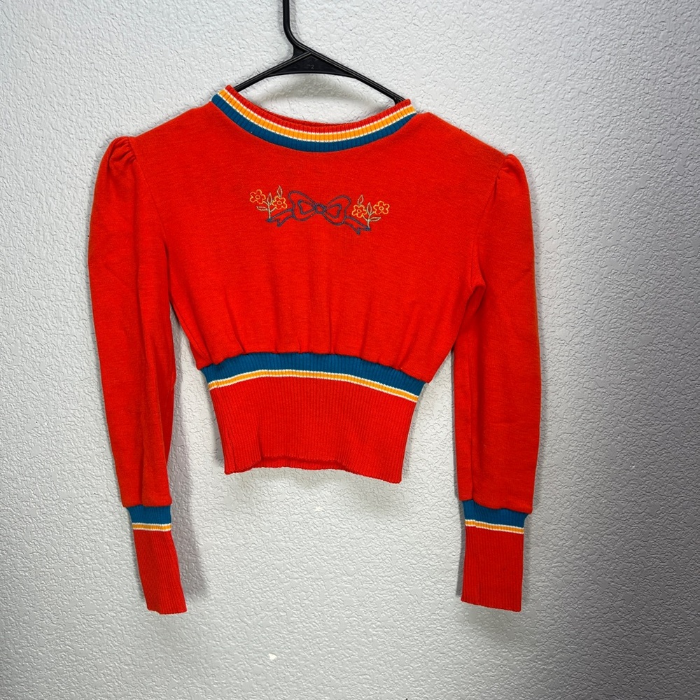 Vtg 70’s Orangish Red AILEEN Junior Girls Cropped Sweater Sz L(14/16)